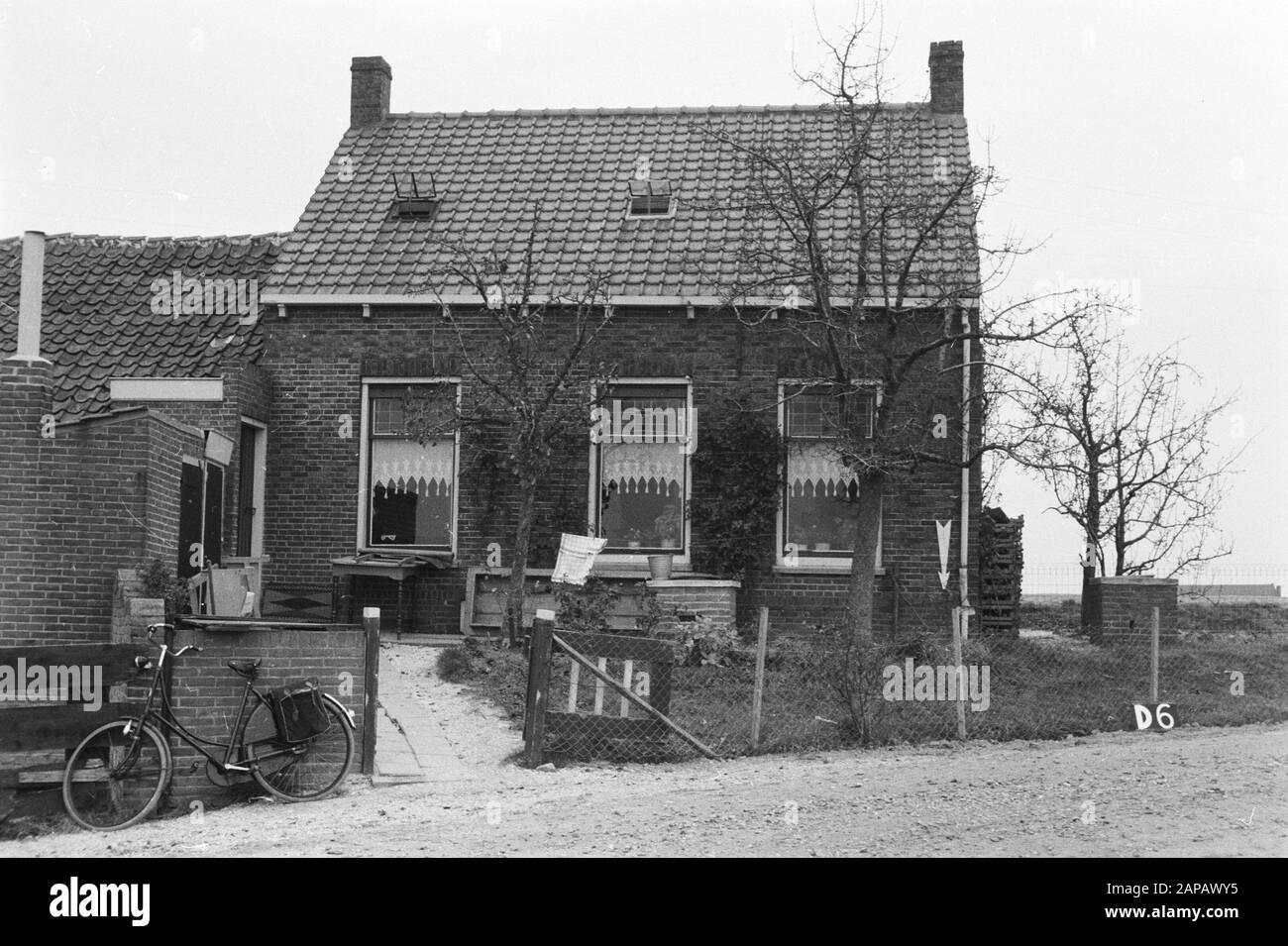 Festpunkte Kulturdienst Beschreibung: Bauernhaus bei Driewegen (Landkonsolidierung Ellewoutsdijk) Anmerkung: D-6 Arrow gibt ein Fixpunktdatum an: Dezember 1953 Ort: Driewegen, Zeeland Schlüsselwörter: Bodenkonsolidierung, Geländeanpassung Stockfoto