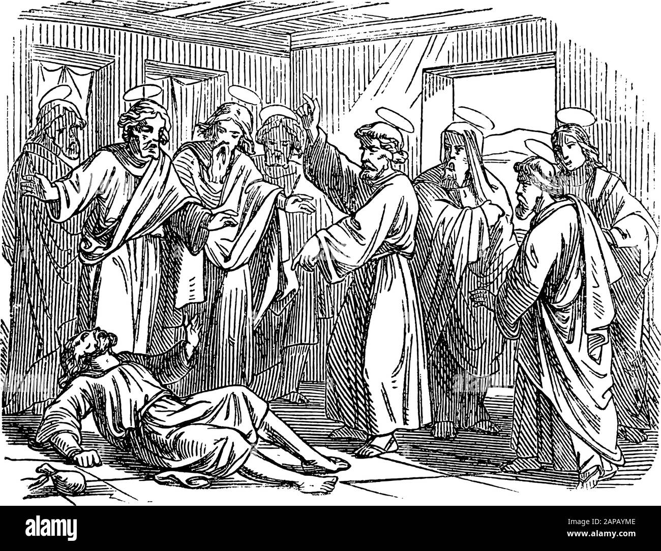 Antike biblische Vintage-Gravur oder Zeichnung der Geschichte von Anannias und Sapphira, die beide starben, weil sie Gott über Geld lügten.Bibel, Neues Testamente, Apg 4. Biblische Geschichte, Deutschland 1859. Stock Vektor