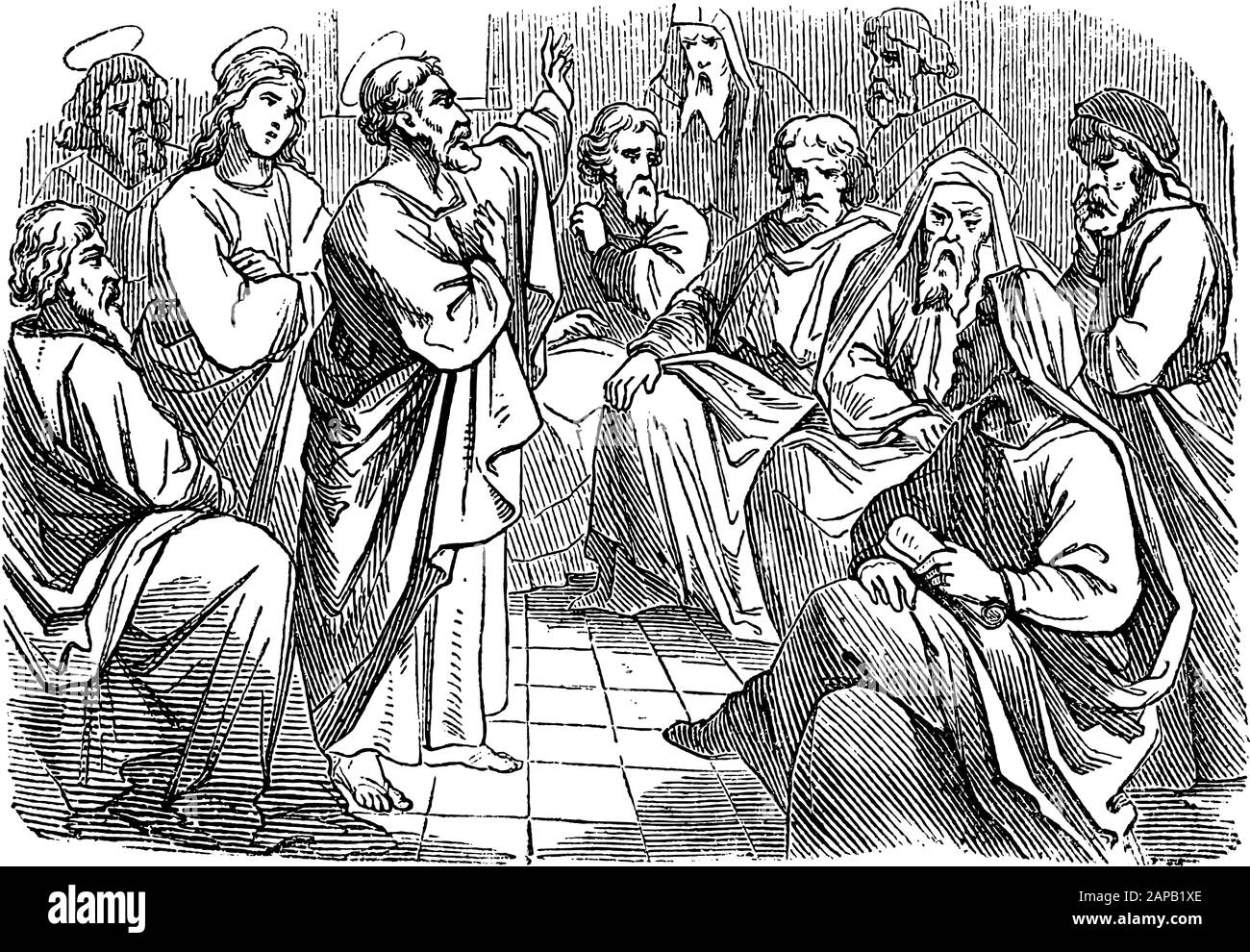 Antike biblische Vintage-Gravur oder Zeichnung des Heiligen Apostels Simon Peter spricht mit Paul und Barnabas über die Beschneidung .Bibel, Neues Testamente, Apg 15. Biblische Geschichte, Deutschland 1859. Stock Vektor