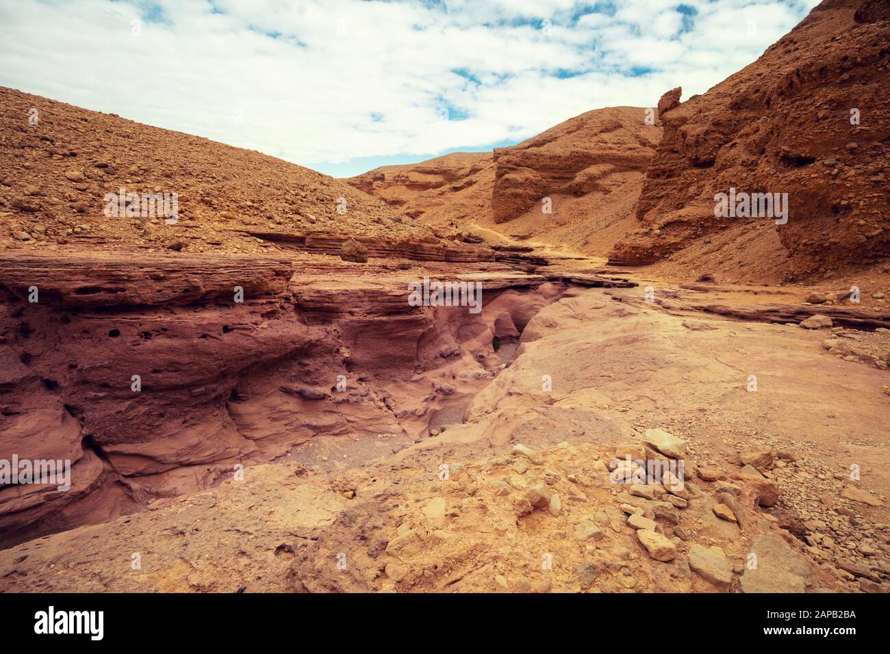 Trockenes Flussbett. Wüstenlandschaft. Steintextur. Abstrakter Natursandsteinhintergrund. Red Canyon, Eilat, Israel Stockfoto