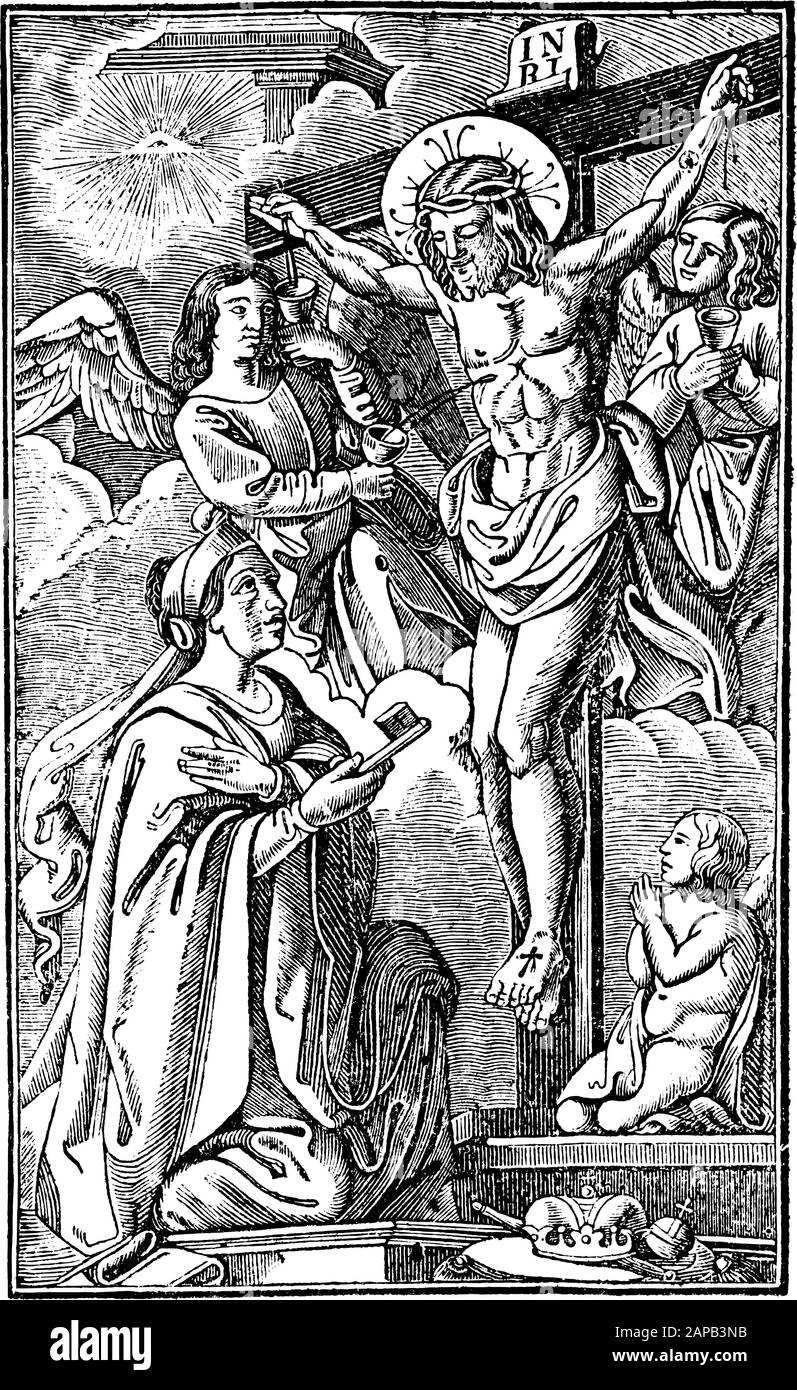 Antike biblische Vintage-Gravur oder Zeichnung des gekreuzigten Jesus, der mit Engeln und Maria Magdalena Um das Kreuz hängt.Bibel,Neues Testament,Mittlerer Himmelsschlssel, Neuhaus, Deutschland, um 1840 Stock Vektor