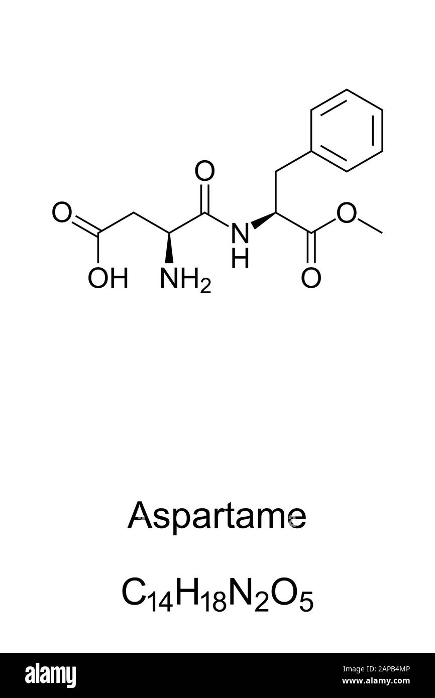 Aspartammolekül, Skelettformel. Aufbau von C14H18N2O5. Künstlicher Zuckerersatz, 200-mal süßer als Saccharose. Stockfoto