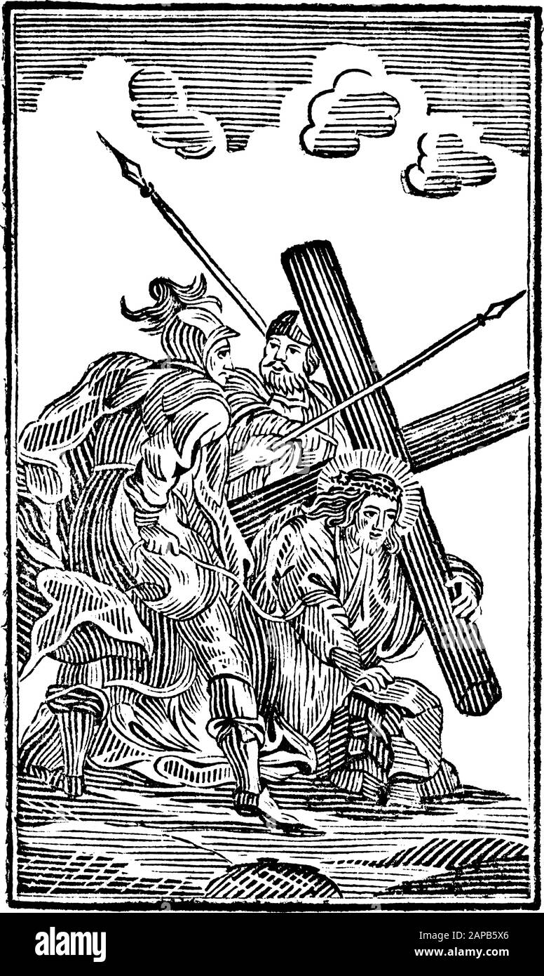Antike biblische Vintage-Gravur oder Zeichnung von der 3th oder Third Station of the Cross oder Way of the Cross oder Via Crucis. Jesus fällt zum ersten Mal.Bibel,Neues Testament,Mittleres Himmelsschlussel, Neuhaus, Deutschland, 1840 Stock Vektor