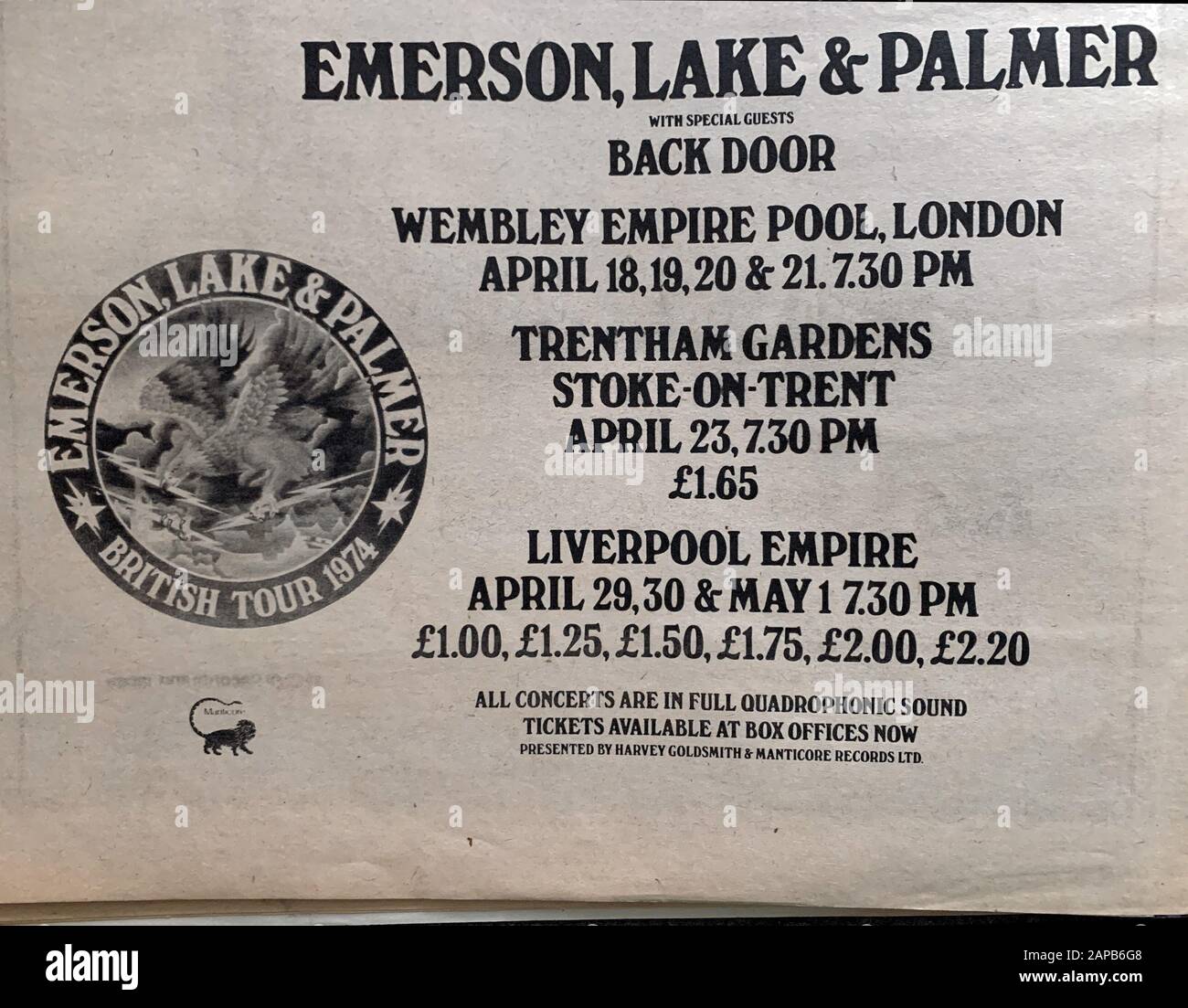 EMERSON, LAKE & PALMER - MIT BESONDEREN GÄSTEN: BACK DOOR WEMBLEY EMPIRE POOL, LONDON AUF BRITISH TOUR 1974 Stockfoto