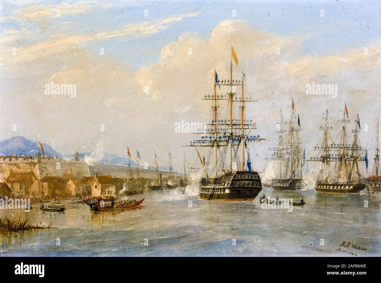Die "HMS Cornwallis" und das britische Geschwader unter den Mauern von Nanking (Nanjing) begrüssten den Friedensvertrag und malten von Rundle Burges Watson, 1840-1850 Stockfoto Die "HMS Cornwallis" und das britische Geschwader unter den Mauern von Nanking (Nanjing) begrüssten den Friedensvertrag und malten von Rundle Burges Watson, 1840-1850 Stockfoto
