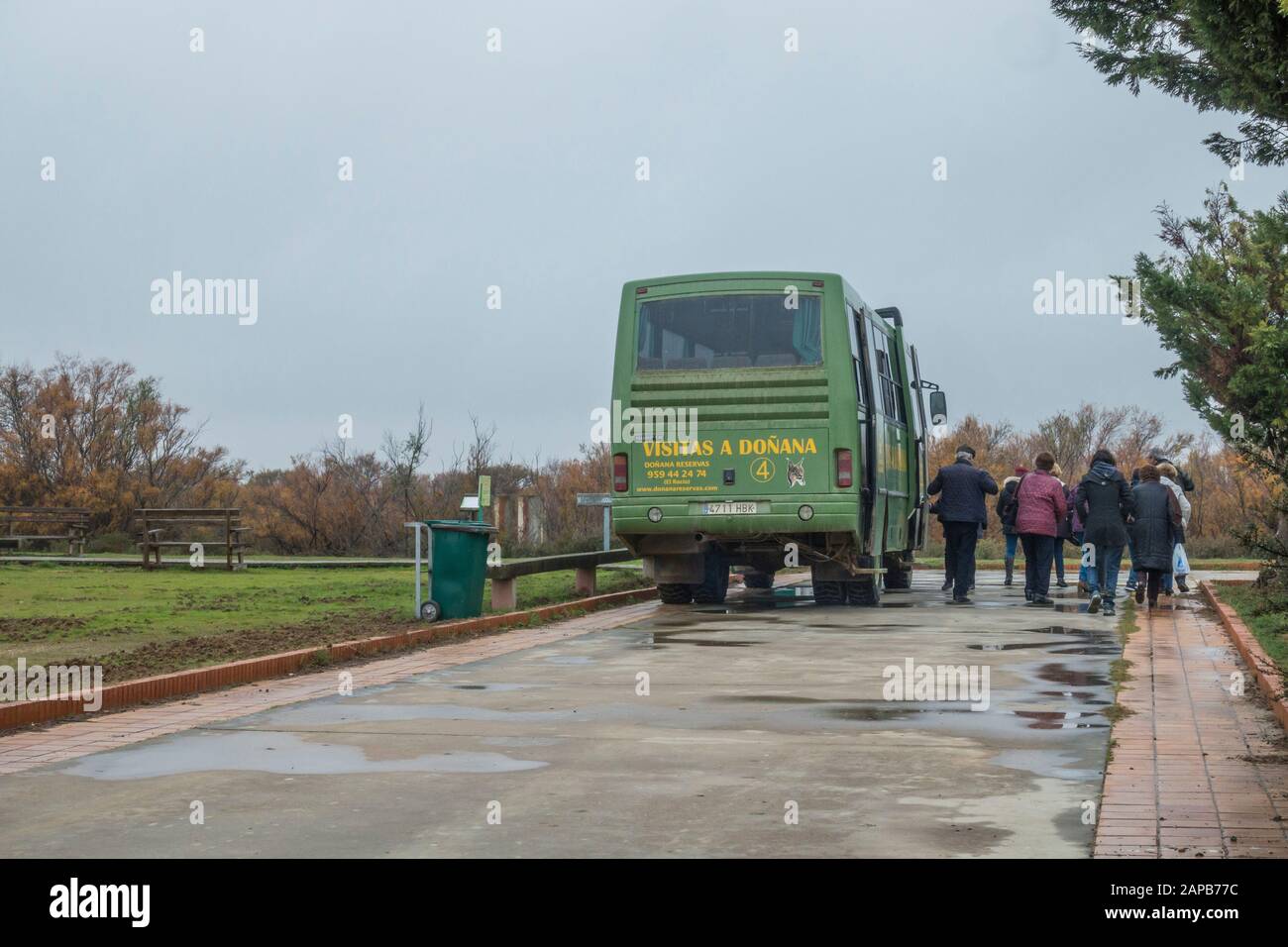 Der Reisebus hält José Antonio Valverde, das Zentrum des Vistor, im Nationalpark Doñana, Andalusien, Huelva, Spanien. Stockfoto