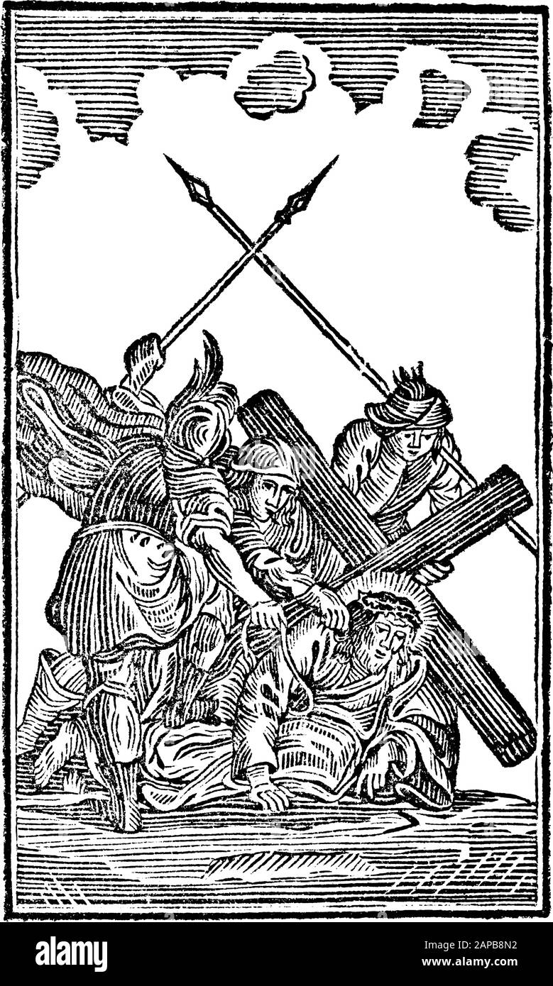 Antike biblische Vintage-Gravur oder Zeichnung der 9. Oder neunten Kreuzwegstation oder Kreuzweg-Kreuzweg oder Via Crucis. Jesus fällt zum dritten Mal.Bibel,Neues Testament,Mittleres Himmelsschlssel, Neuhaus, Deutschland, um 1840 Stock Vektor