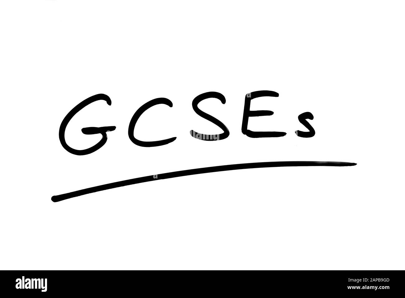 GCSEs handschriftlich auf weißem Hintergrund. Stockfoto