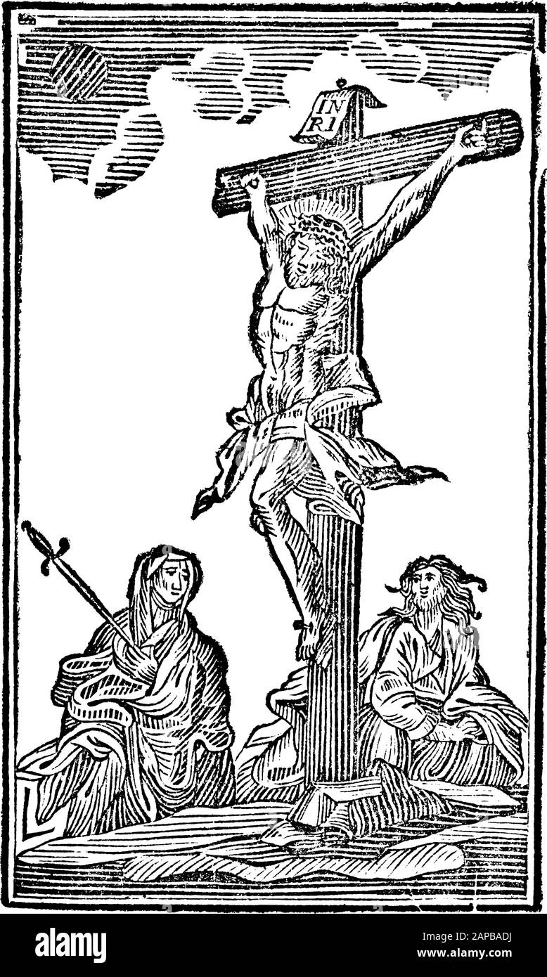 Antike biblische Vintage-Gravur oder Zeichnung von 12. Oder 12. Kreuzwegstation oder Kreuzweg oder Via Crucis. Jesus stirbt an der Kreuztafel.Bibel,Neues Testament,Mittlere Himmelsschlssel, Neuhaus, Deutschland, um 1840 Stock Vektor