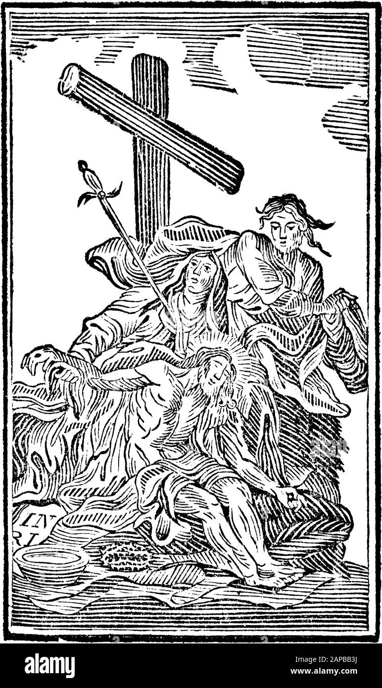 Antike biblische Vintage-Gravur oder Zeichnung der 13. Oder dreizehnten Kreuzestation oder Kreuzweg oder Via Crucis. Jesus wird aus der Kreuz-Bibel, Neues Testament, Mittleres Himmelsschlussel, Neuhaus, Deutschland, 1840, entnommen Stock Vektor