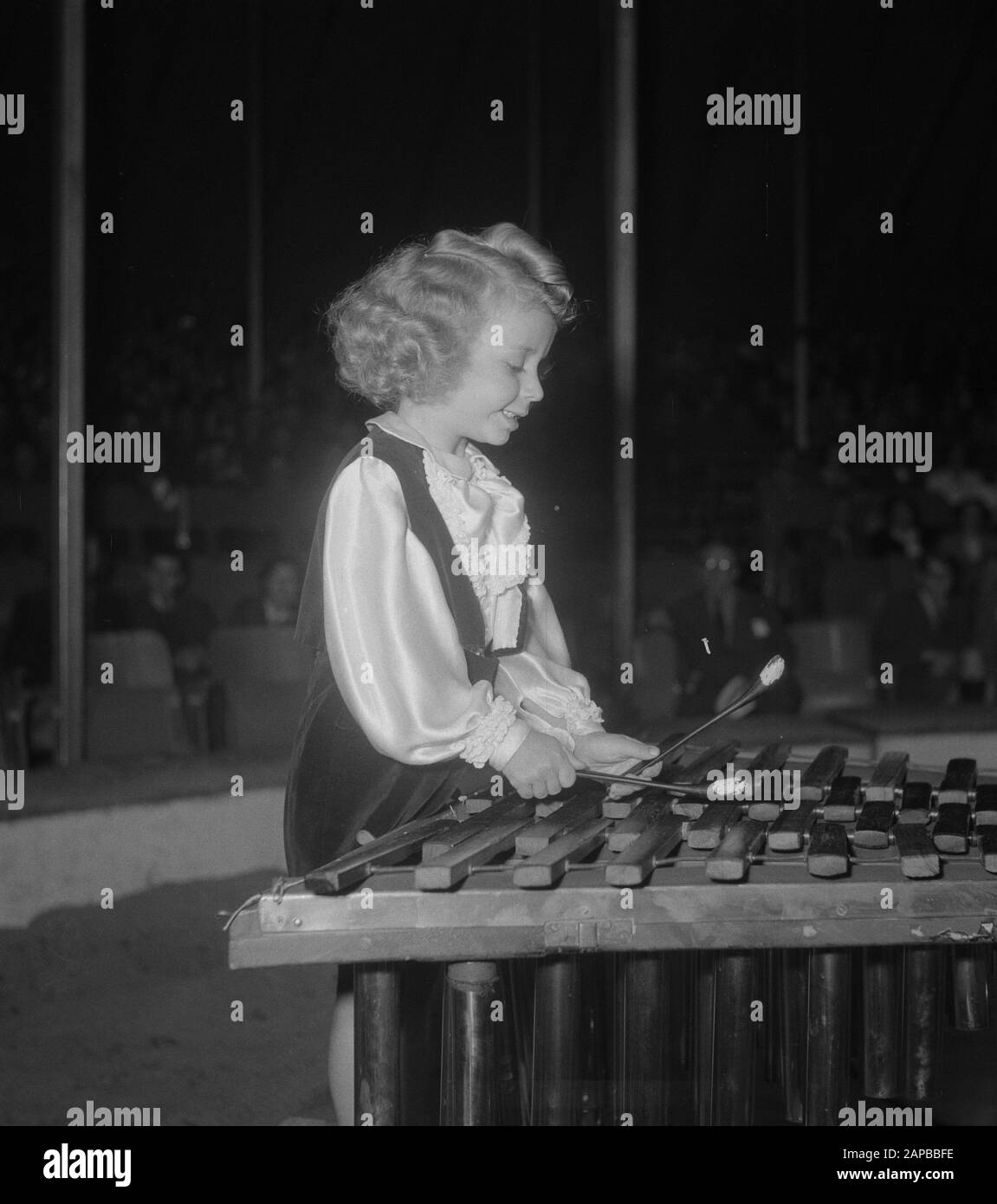 Zirkus Mikkenie in Turnhout Belgien. Der belgische Wunderkind Mr. Mistin spielt "Orpheus in the Underworld" auf Xylophon. Datum: 13.Juli 1951 Ort: Belgien, Turnhout Schlüsselwörter: Zirkusse, Kinder, Musik, Musikinstrumente persönlicher Name: Zirkus Mikkenie, Herr Mistin Stockfoto