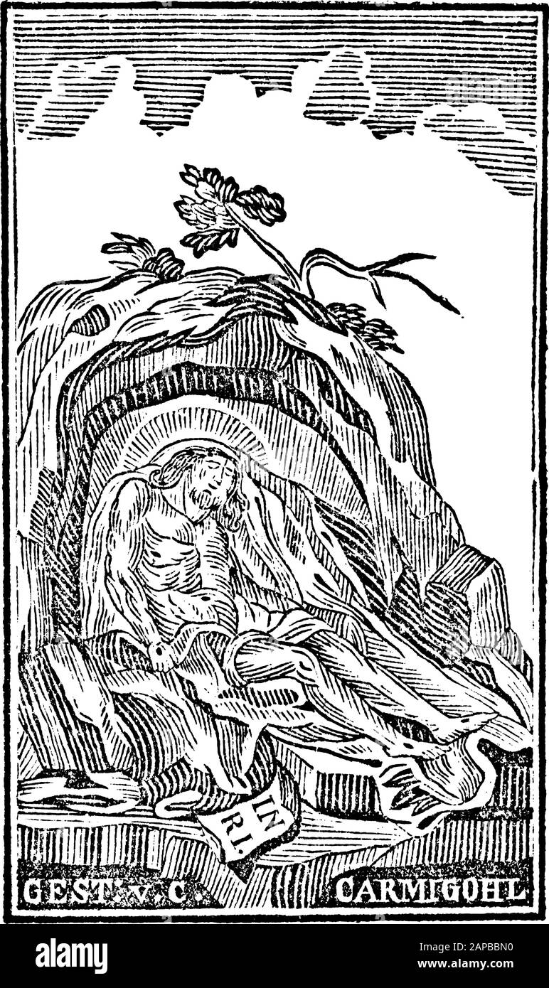 Antike biblische Vintage-Gravur oder Zeichnung der 14. Oder vierzehnten Kreuzwegstation oder Kreuzweg oder Via Crucis. Jesus wird aus der Kreuz-Bibel, Neues Testament, Mittleres Himmelsschlussel, Neuhaus, Deutschland, 1840, entnommen Stock Vektor