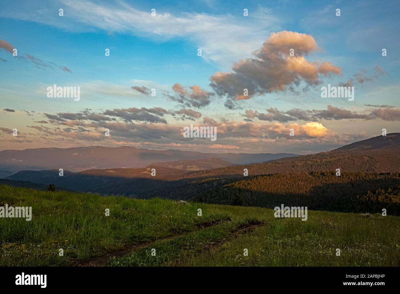 MT00450-00...MONTANA - Sonnenaufgang vom Scheitelpunkt des Fleecer Ridge aus gesehen, einer der schwierigsten Hügel der Great Divide Mountain Bike Route. Stockfoto