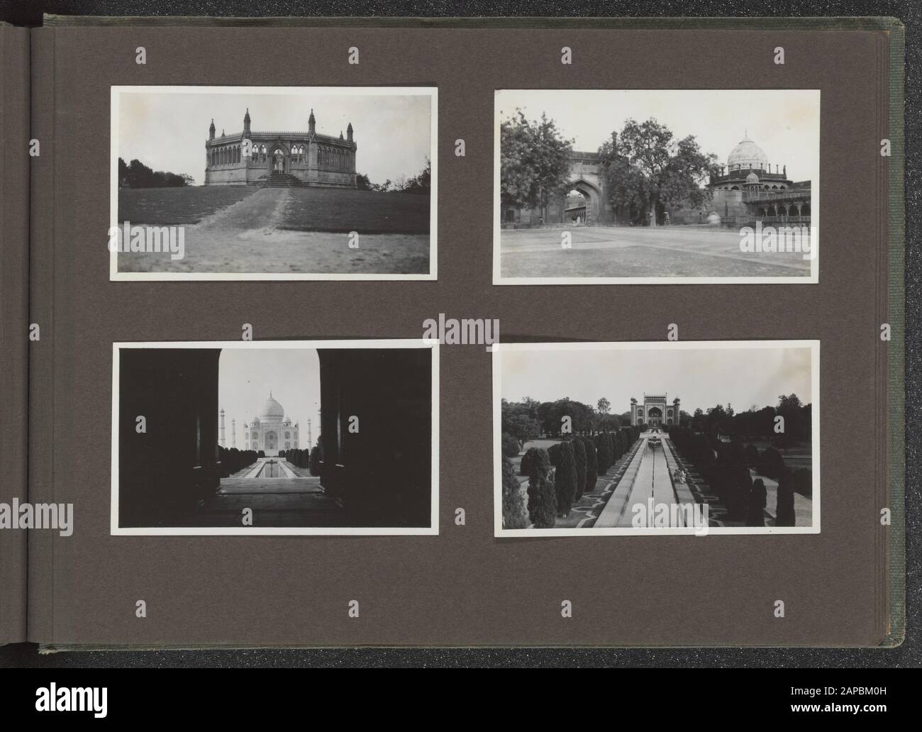 PhotoAlbum Fisherman: British Indies, Nepal, n.d. (1932) Beschreibung: Albumblad mit vier Fotos. Oben links: Tempel auf einem Hügel. Oben rechts: Steintor für Tempelanlage. Links unten: Das Taj Mahal. Unten rechts: Gesicht von Taj Mahal Datum: 1932/01/01 Ort: Agra, Indien Schlüsselwörter: Tempel Stockfoto
