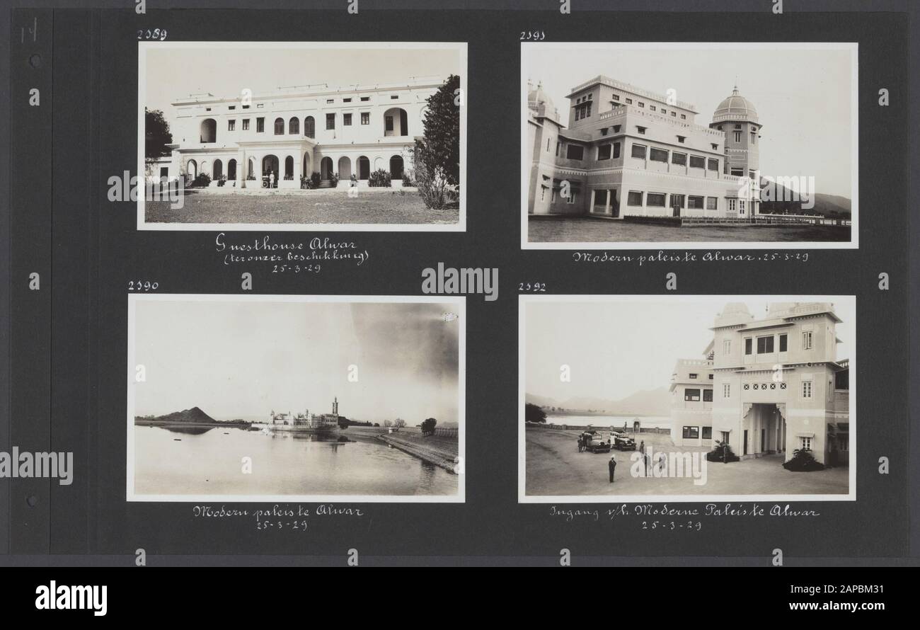 PhotoAlbum Fisherman: Third Karakoru Expedition, 1929 Beschreibung: Album-Blatt mit vier Fotografien. Links oben: Das Haus in Alwar, in dem sich die Expeditionsteilnehmer aufhielten; links unten, rechts oben und rechts unten: Ein moderner Palast in Alwar Datum: 199/03/25 Ort: Alwar, Indien Schlüsselwörter: Autos, Residenzen} Schlösser Stockfoto