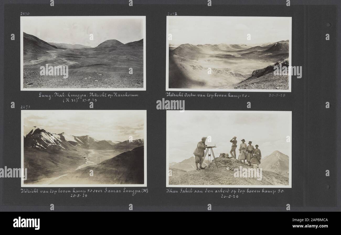 PhotoAlbum Fisherman: Third Karakoru Expedition, 1929-1930 Beschreibung: Album-Blatt mit vier Fotografien. Oben links: Blick auf den Karakorum (K. 32) vom Lung-Nak-Lungpa; unten links: Ansicht von oben über Camp 50 über Samar Lungpa in westlicher Richtung; oben rechts: Ansicht von oben über Camp 50 in östlicher Richtung; unten rechts: Topograf Khan Sahib Arbeiten am oberen Lager 50 Datum: 1925/08/17 Ort: Indien, Karakorum, Pakistan Schlüsselwörter: Berge, Kartografie, Kühle Stockfoto