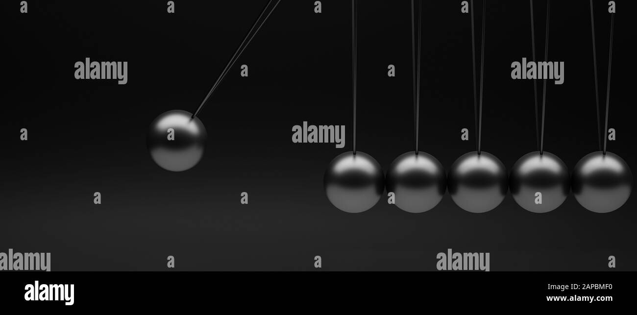 Newtons Pendel minimalistisches Bild in dunklen Farbtönen 3d Rendern. Copyspace, Landschaftsformat. Zeit und Geschäftskonzept. Stockfoto