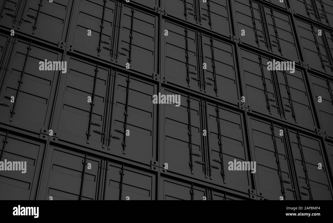 3d Bild einer Serie von Frachtcontainern in dunklen Farbtönen machen. Minimaler Hintergrund, niemand herum. Konzept des Transports und Warenhandels. Stockfoto