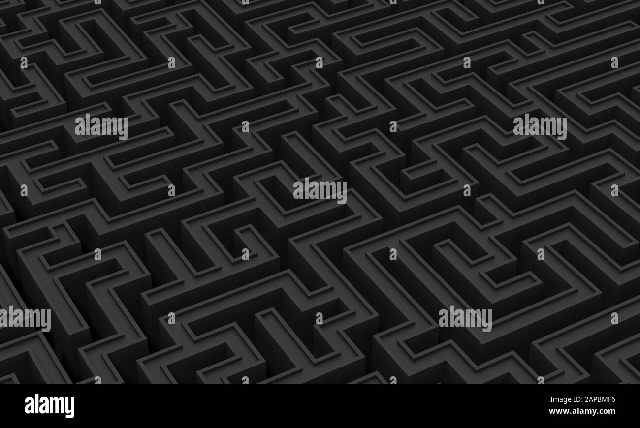 Minimalistischer schwarzer Tonhintergrund eines geometrischen Labyrinths in 3d-Darstellung. Problemkonzept und Hirngespinst. Stockfoto