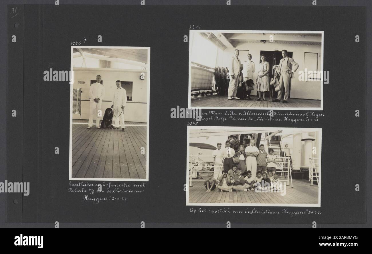PhotoAlbum Fisherman: Dutch East Indies, China, Japan, Niederlande, Schweiz, 1930 Beschreibung: Albumblad mit drei Fotos. Links: Patiala mit dem Sportführer und dem Verwalter der Christiaan Huygens; oben rechts: Patiala mit Mr. Und Mrs. De Roo van Alderwelt, Vizeweltmeister Keyser und Kapitän Botje an Bord der Christiaan Huygens; unten: Kinder auf dem Sportdeck der Christiaan Huygens Datum: 1930/01/02 Stichworte: Schiffe, Sport Personenname: Bone, [...], Keyser, [...], Roo van Alderwerelt, [...] The Stockfoto