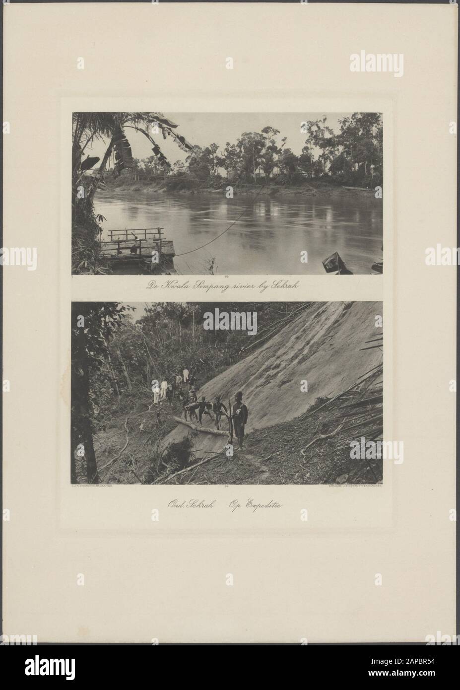 Fotoalbum Deli Maatschappij: Deli Maatschappij. Ostküste Sumatras (C.J. Kleingrothe, Medan) Beschreibung: Oben: Der Fluss Kwala Simpang bei Sekrah. Unter: Firma Sekrah, Auf Expedition Datum: 1905 Standort: Indonesien, Niederländisch-Ostindien, Sumatra Stockfoto