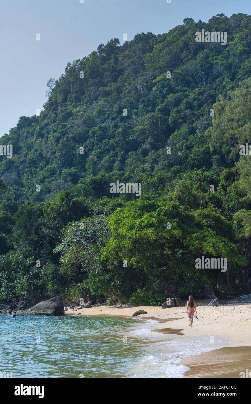 Kambodscha, Rong Islands, Koh Rong Sanloem. Eine junge Frau, die an einem unberührten Strand spazieren geht Stockfoto