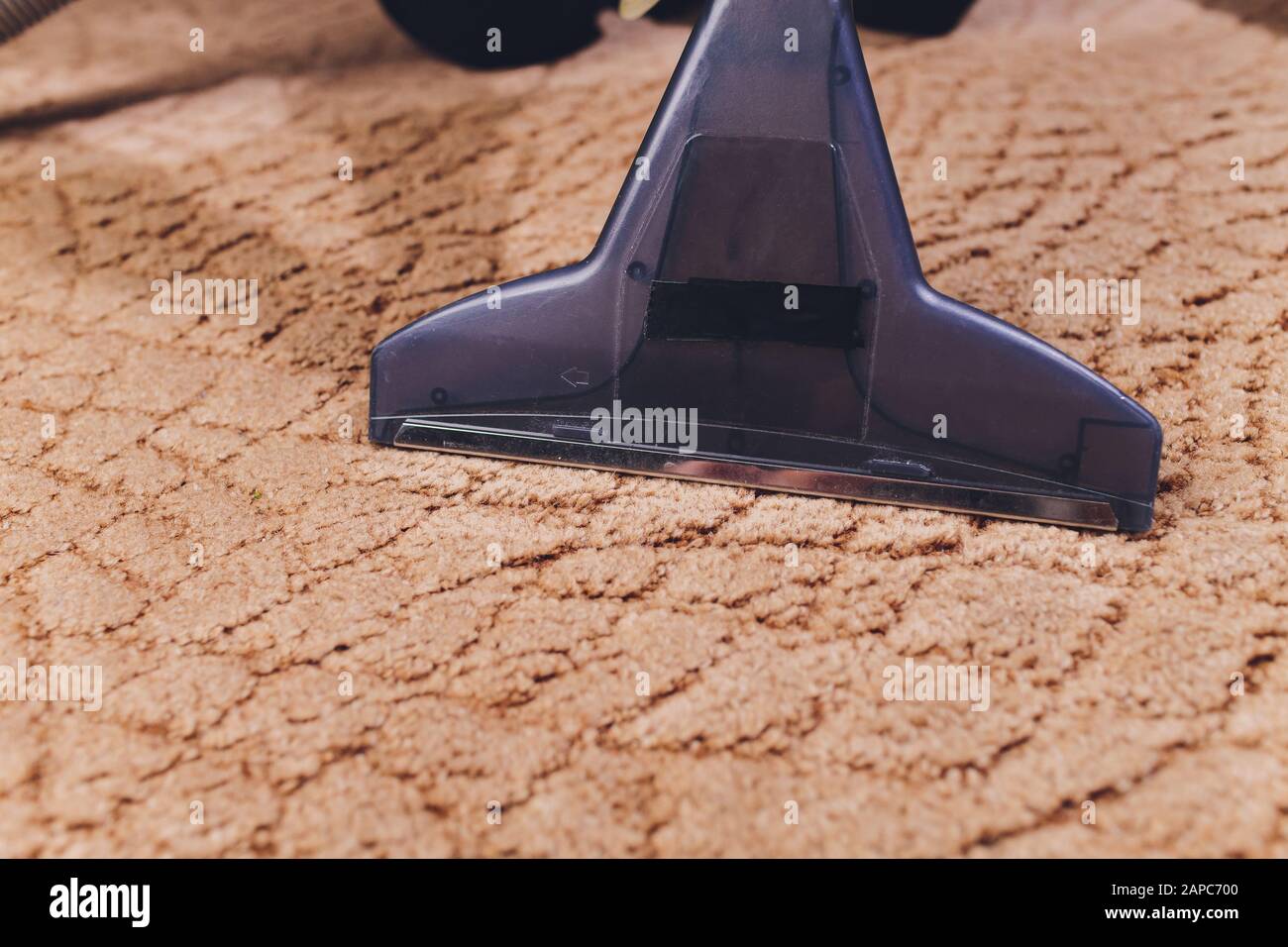 Nahaufnahme des Reinigungs-Teppichs der Staubsaugerdüse zu Hause Stockfoto