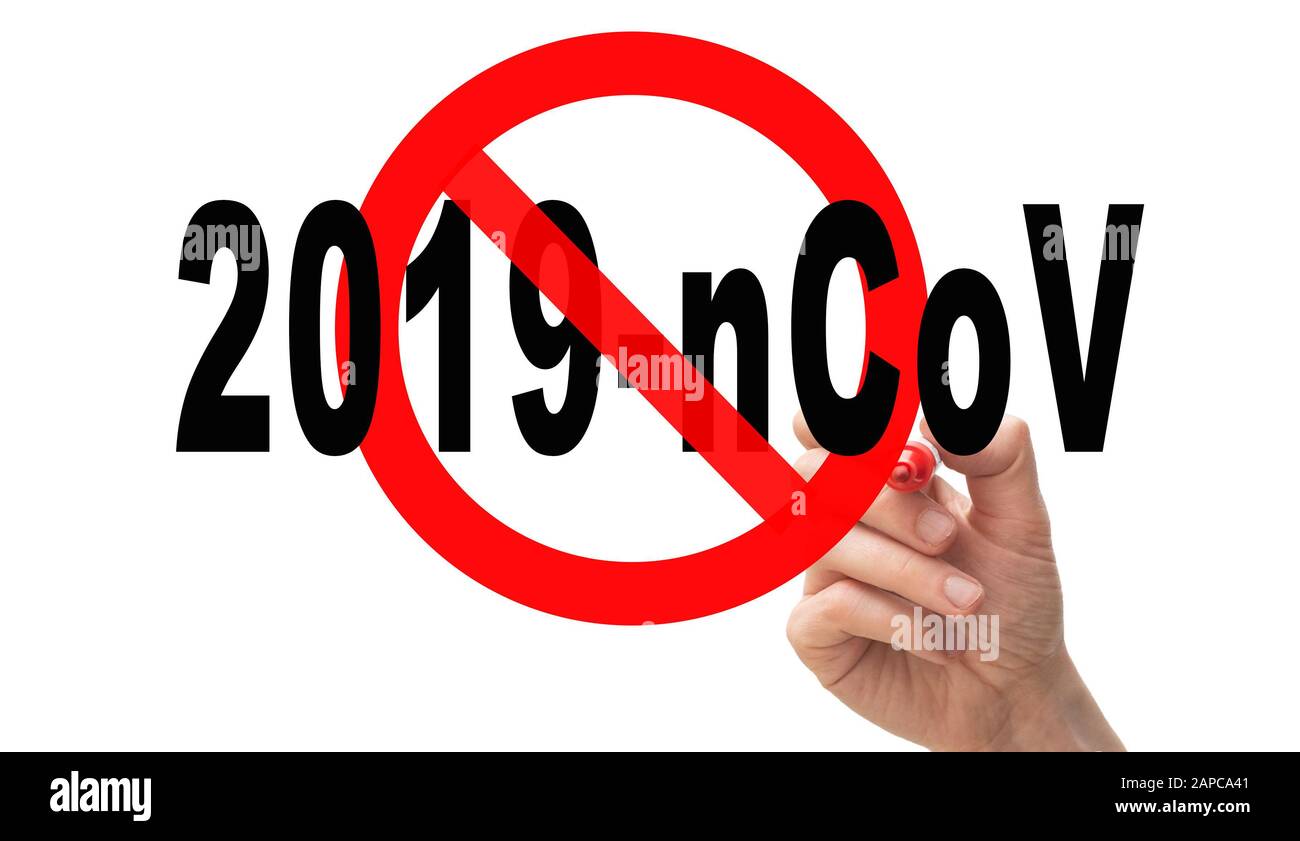 Text "2019-nCoV" (Coronavirus) mit rotem Stoppschild auf weißem Hintergrund Stockfoto