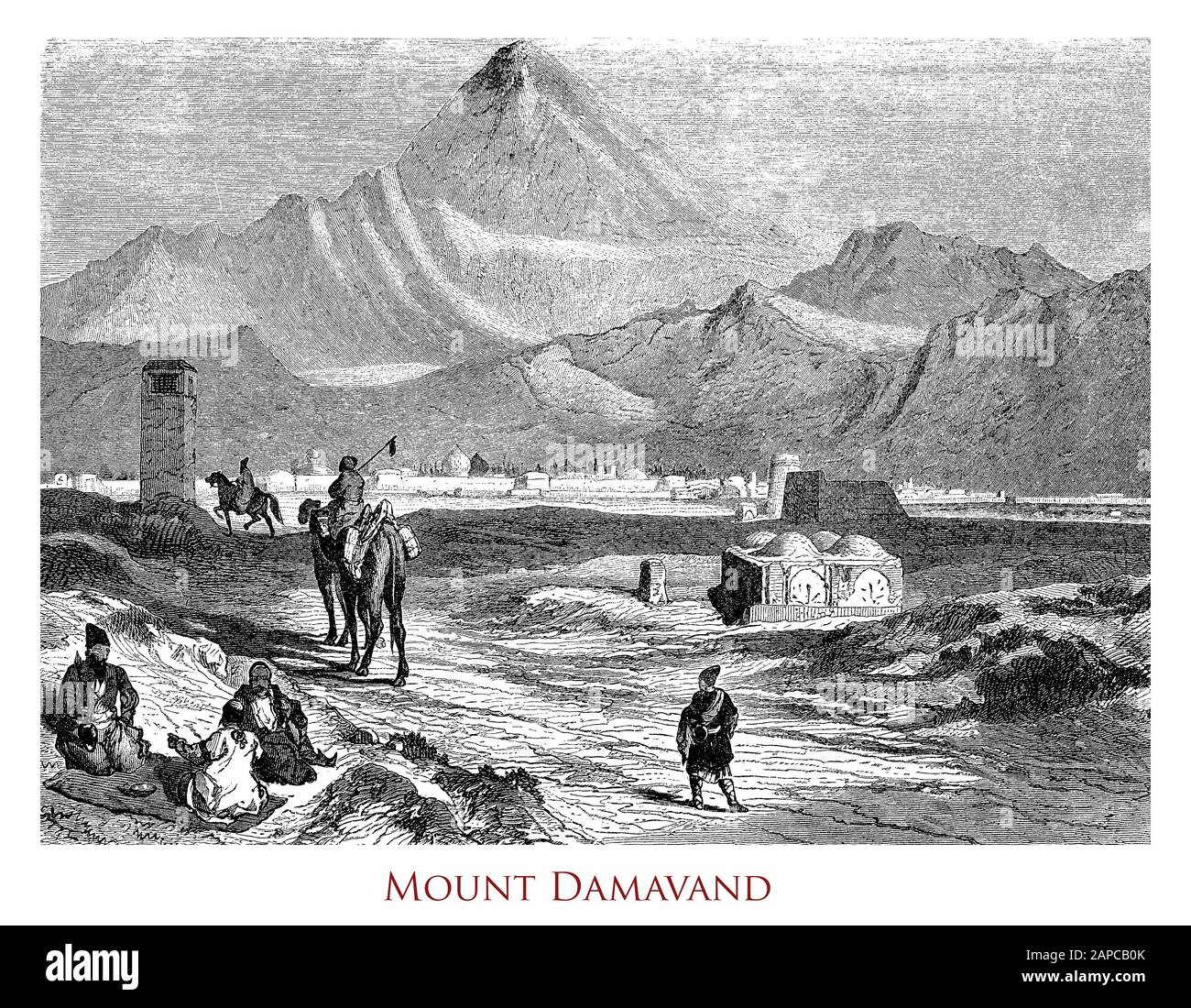 Mount Damavand Persian Vulkan und der höchste Gipfel im Nahen Osten mit heißen Mineralquellen an der Basis und Fumarolen und Solfatara in der Nähe des schneebedeckten Gipfels Stockfoto