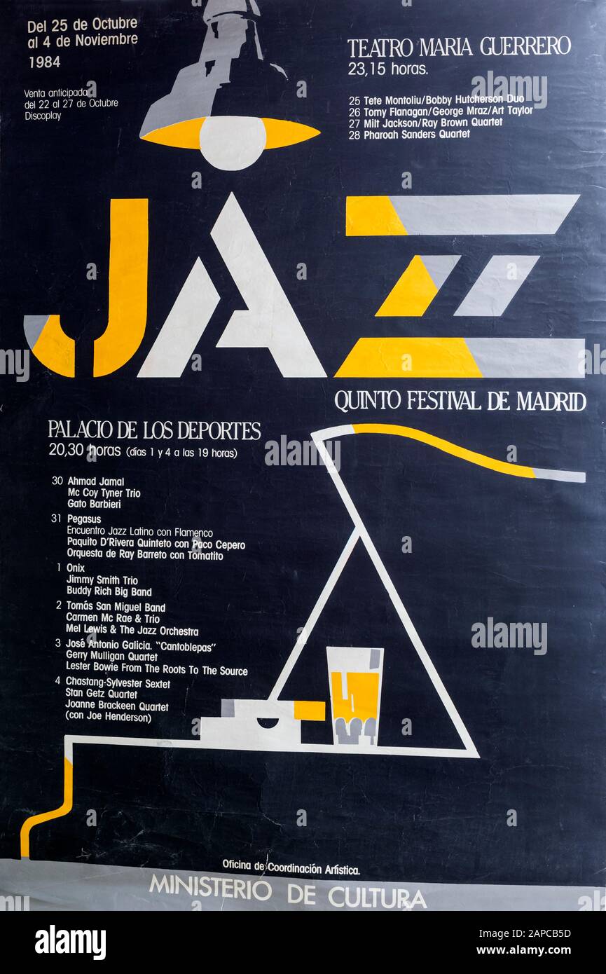 5 Internationales Jazzfestival Madrid 1984, Musikalisches Konzertplakat Stockfoto
