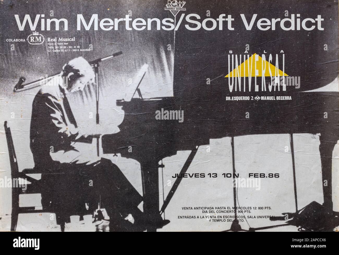 Wim Mertens Madrid 1986, Musikalisches Konzertplakat Stockfoto