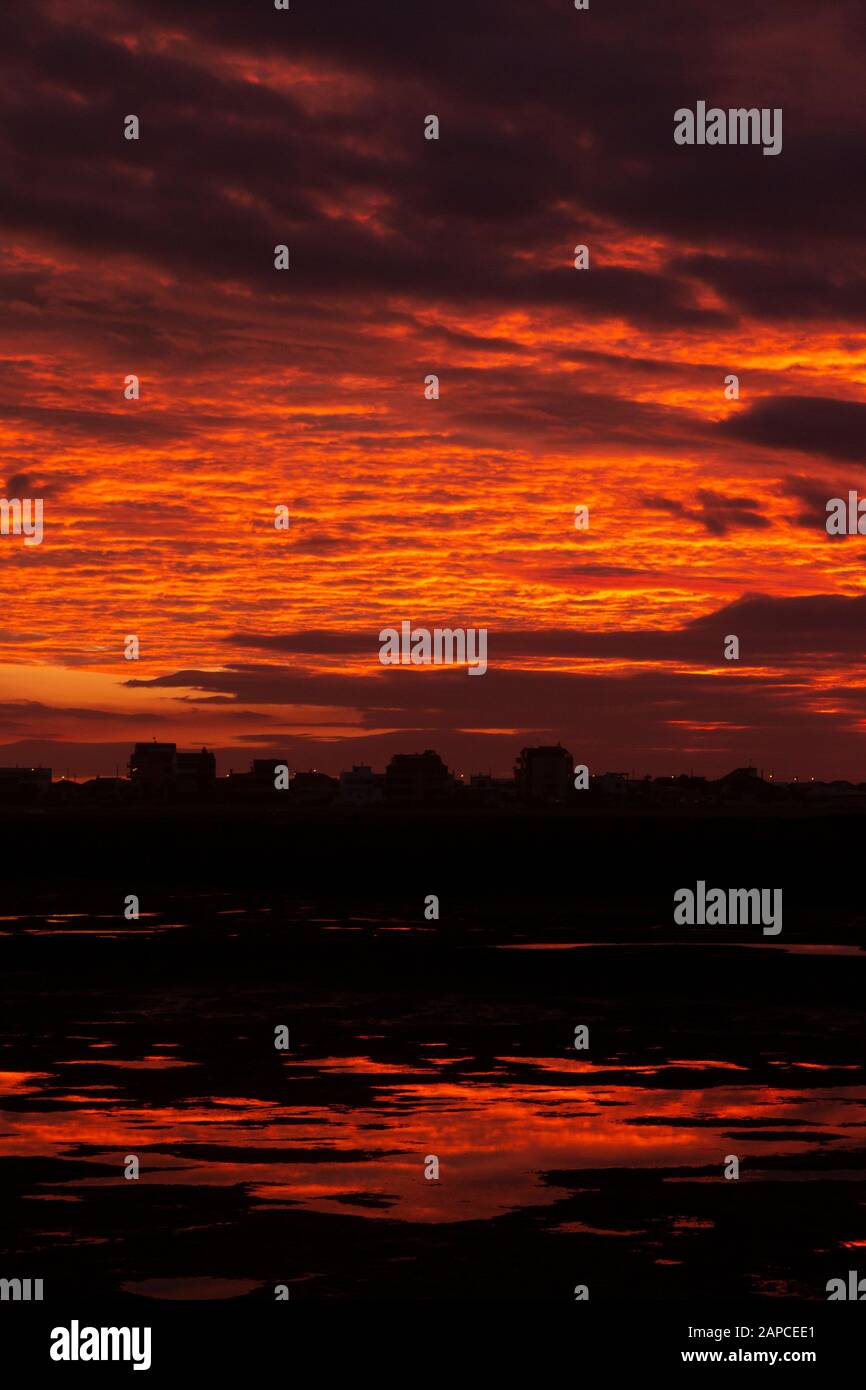 Natürliche Marschländer bei Sonnenuntergang in Ria Formosa, Algarve, Portugal. Stockfoto