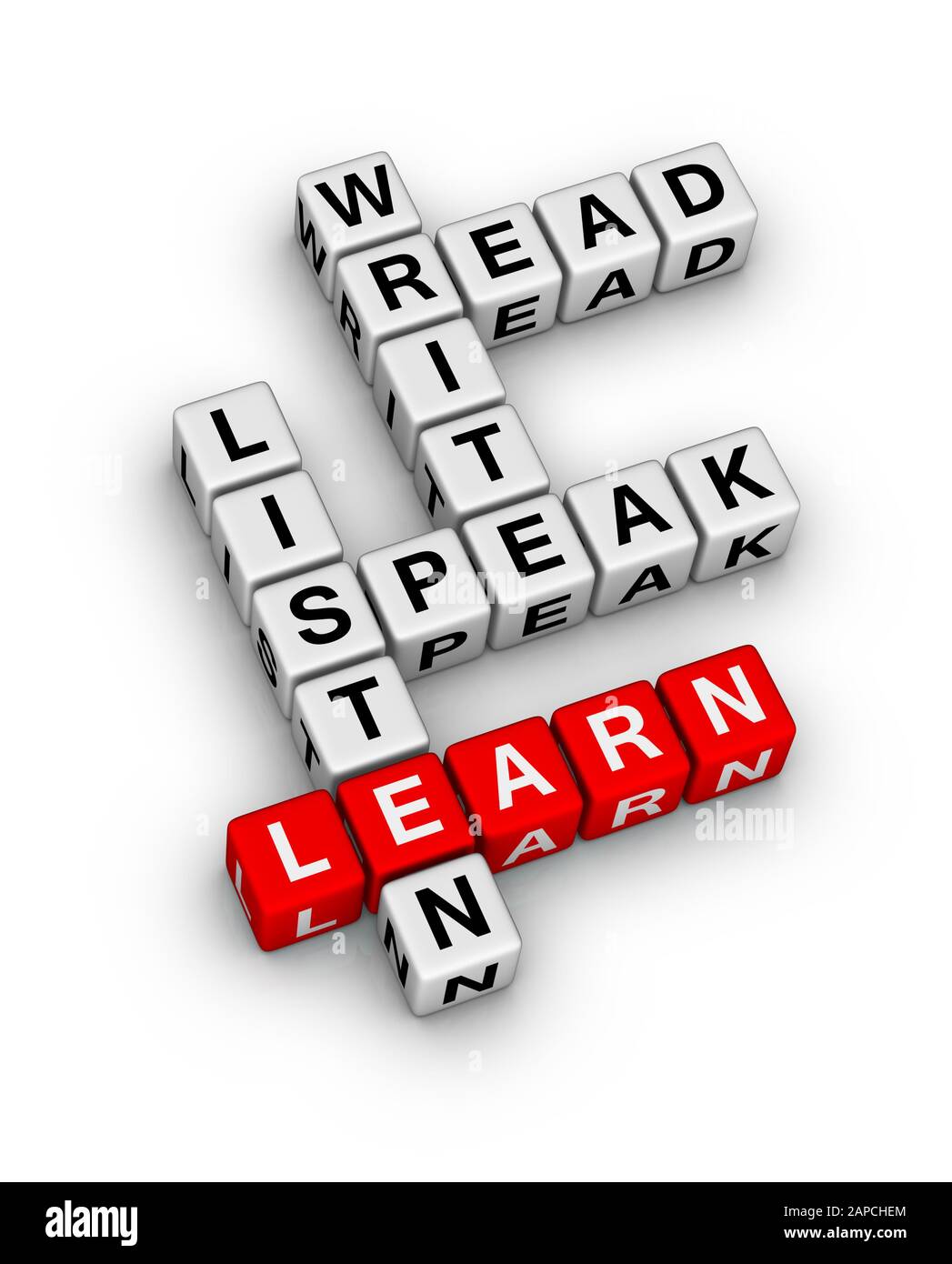 Grundlegende Sprachkenntnisse. Lesen, Schreiben, Sprechen, Zuhören. 3D-Würfel Kreuzworträtsel auf weißem Hintergrund. Stockfoto