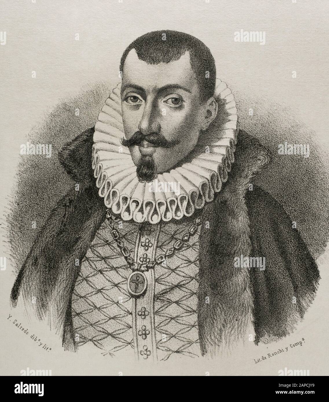 Francisco de Sandoval y Rojas (1553-1625). Herzog von Lerma. Favorit von König Philipp III. Von Spanien. Zeichnung von Salcedo, 19. Jahrhundert. Die Lithographie. Cronica General de España, Historia Ilustrada y Descriptiva de sus Provincias. Castilla-La Nueva, 1869. Stockfoto