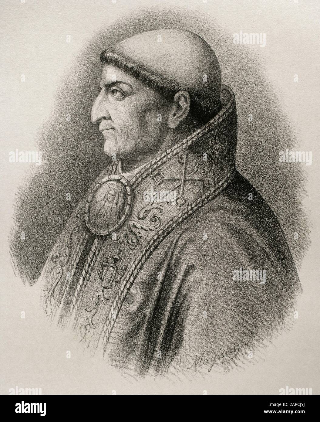 Francisco Jimenez de Cisneros, bekannt als Kardinal Cisneros (1436-1517). Kardinal, Erzbischof von Toledo, spanischer Primas und dritter Generalinquisitor von Kastilien. Hochformat. Die Lithographie. Cronica General de España, Historia Ilustrada y Descriptiva de sus Provincias. Castilla-La Nueva, 1869. Stockfoto