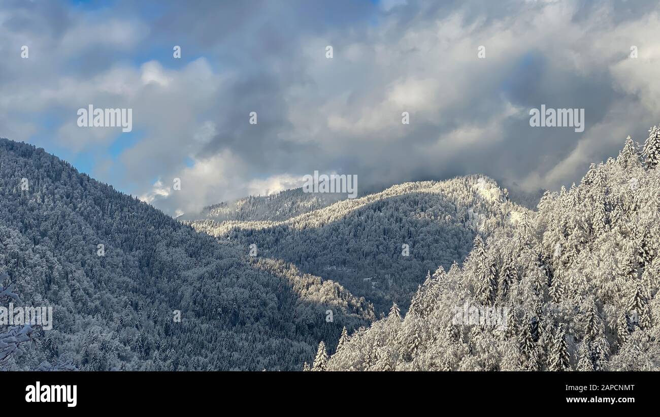 Panoramablick auf die Winterlandschaft in den Bergen Stockfoto