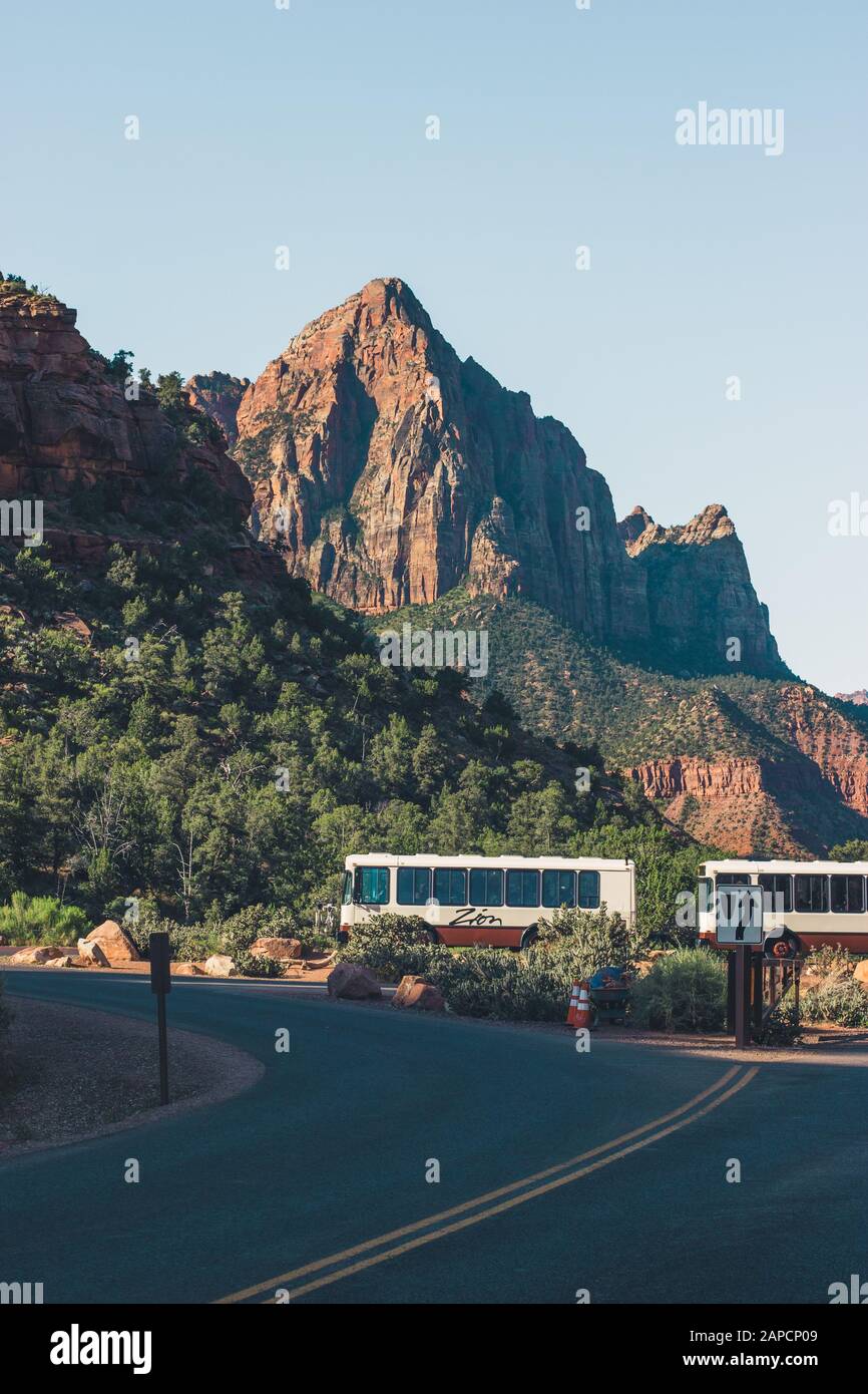 Shuttlebusse im Zion Nationalpark. USA Stockfoto