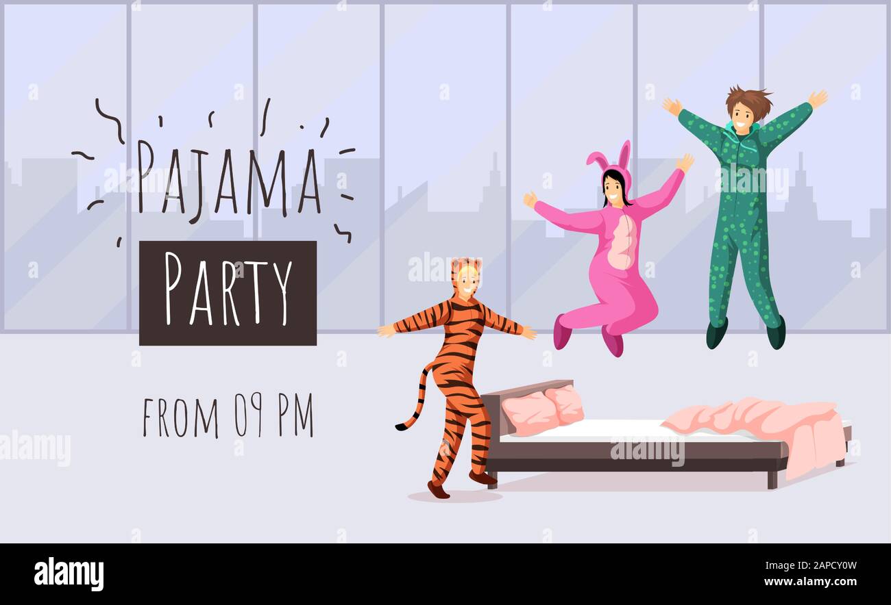 Pajama Party flaches Banner Vektorvorlage. Sleepover, Einladung zur Übernachtung, Werbeplakat für Jungpartys. Fröhliche Freundinnen in lustiger Pyjama-Illustration mit Typografie Stock Vektor