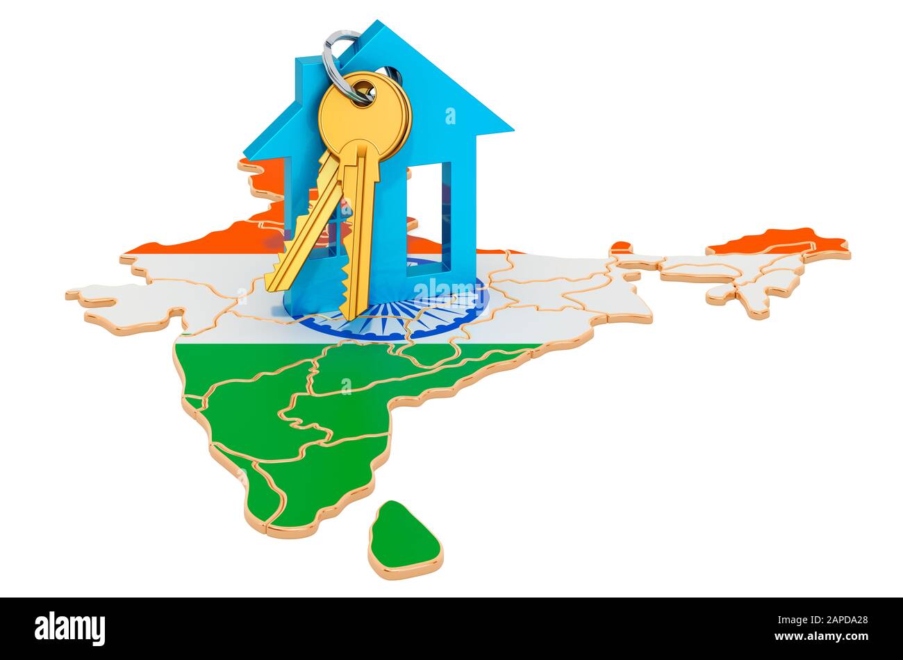 Immobilien in Indien Konzept. Immobilien zum Verkauf, Miete oder Hypothek. 3D-Rendering isoliert auf weißem Hintergrund Stockfoto