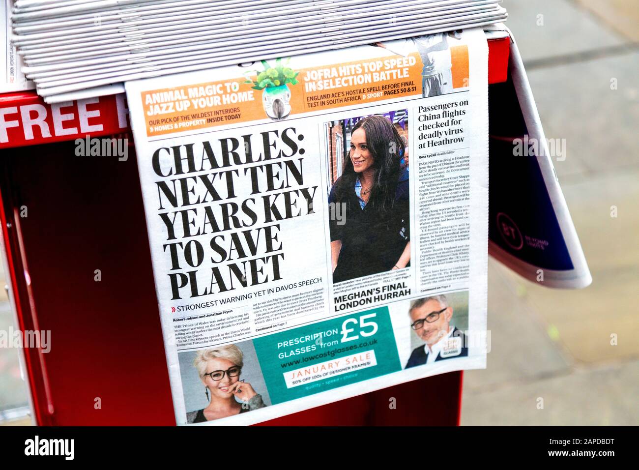 Januar 2020, London, Großbritannien - Titelseite des Evening Standard mit Überschrift "Charles: Next Ten Years Key to Save Planet" Stockfoto