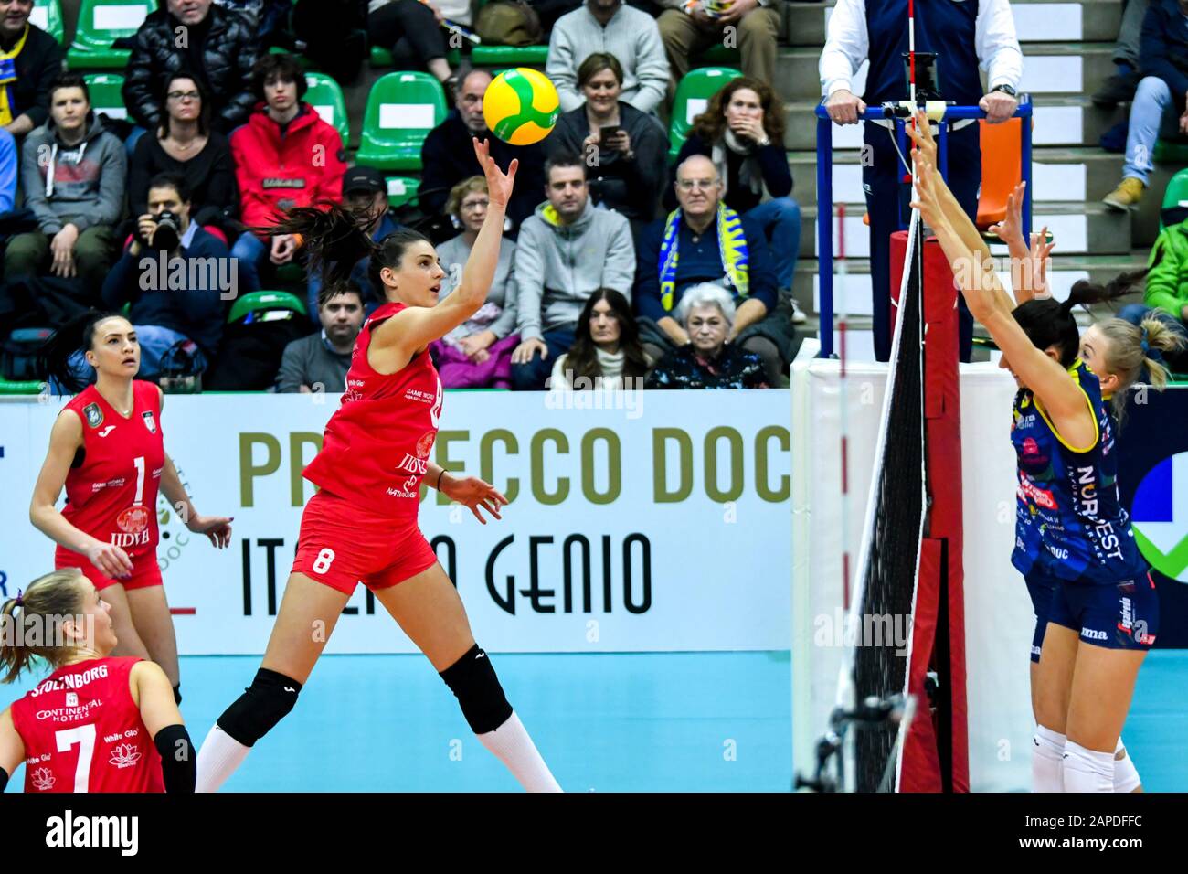 Spike von maja aleksić während Imoco Volley Conegliano vs. C.S.M. Volei Alba Blaj, Treviso, Italien, 22. Januar 2020, Volleyball Champions League Wo Stockfoto