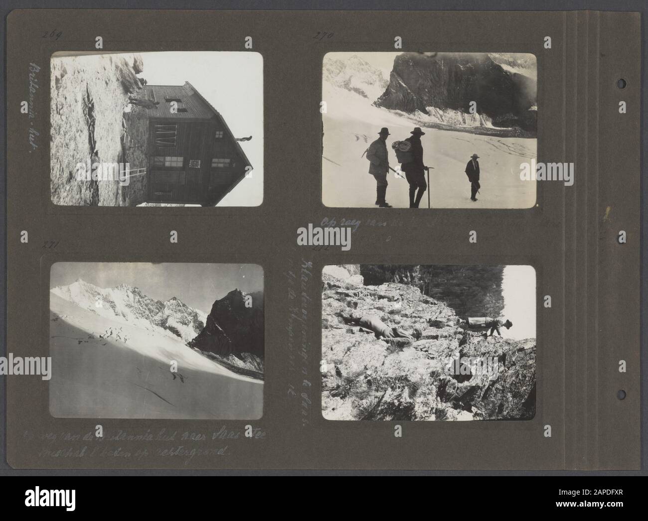 Fotoalbum Fischer: Schweden, Finnland, Alpen, 1919-1922 Beschreibung: Album-Blatt mit vier Fotografien. Oben links, die Britannia Hütte. Oben rechts: Auf dem Weg von Britannia Hütte nach Saas-Fee. Links unten: Auf dem Weg von Britannia Hütte nach Saas-Fee. Unten rechts: Klamaumübungen am Saas Datum: 1. Juli 1921 Ort: Schweiz Schlagwörter: Berge, Gletscher, Klettern und Bergsteigen Stockfoto