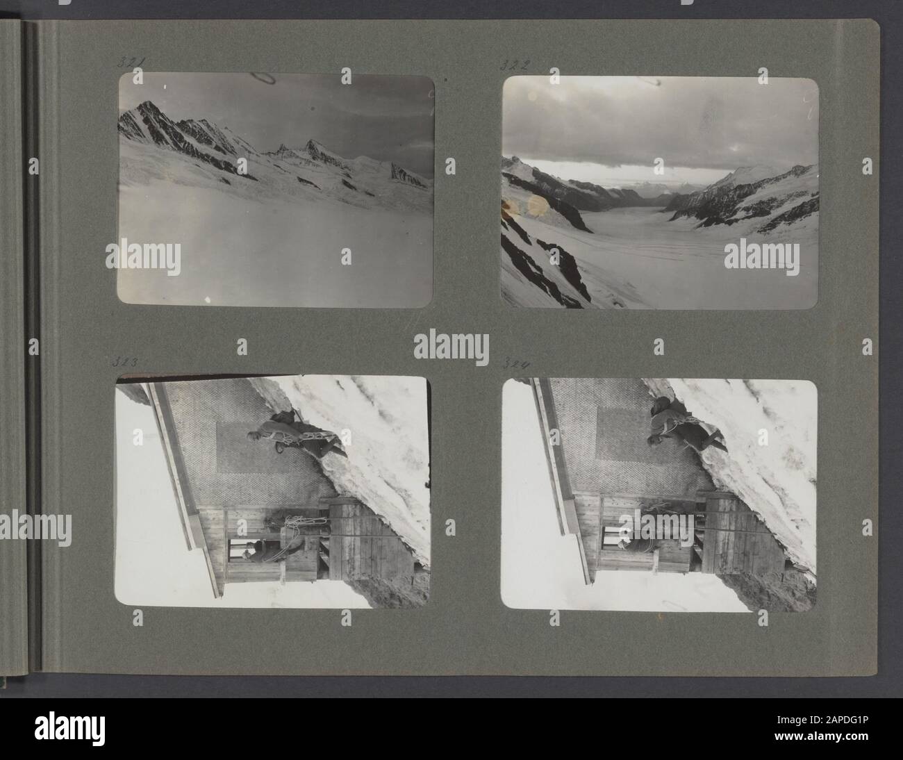 Fotoalbum Fischer: Schweiz, Schweden, Arabien, z. Beschreibung: Album-Blatt mit vier Fotos. Links oben: Berglandschaft im Berner Oberland. Oben rechts: Berglandschaft im Berner Oberland. Links unten: Berghütte mit fünf Personen, darunter auf der linken Seite Jenny Visser-Hooft und neben Franz Lochmatter. Unten rechts: Berghütte mit fünf Personen, darunter auf der linken Seite Jenny Visser-Hooft und neben Franz Lochmatter. Datum: 1.Juli 1921 Ort: Berner Oberland, Schweiz Schlagwörter: Berge, Bergführer, Berghütten, Klettern und Bergsport Personenname: Lochmatt Stockfoto