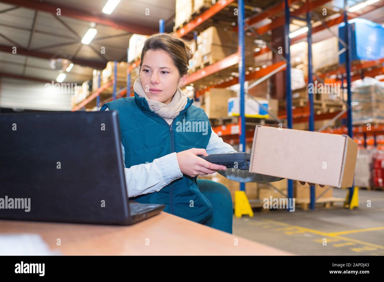 Manager Scanning Box bei der Eingabe auf Laptop im Lager Stockfoto