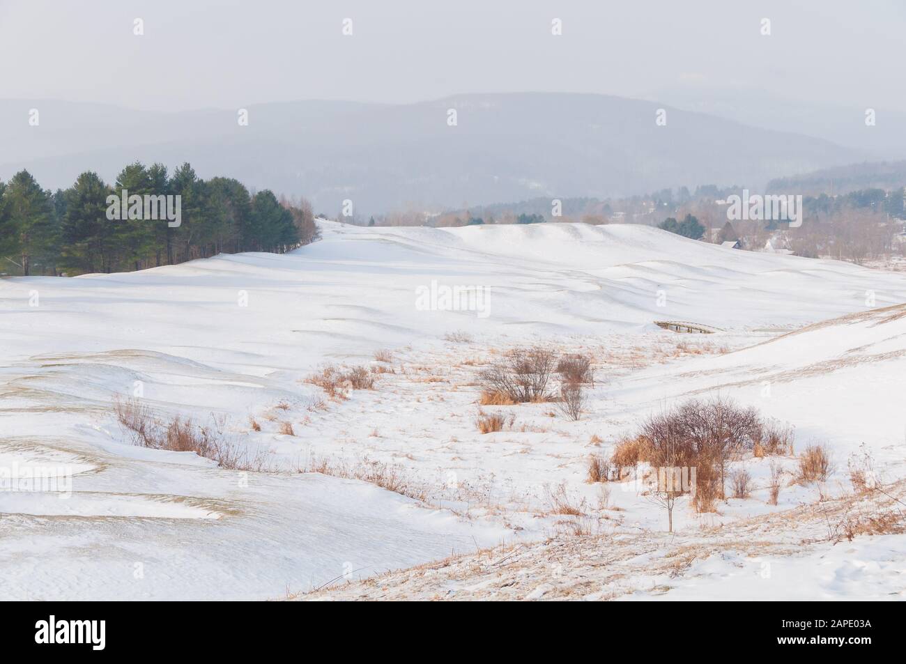 Karge schneebedeckte Landschaft in Waterbury Vermont USA Stockfoto