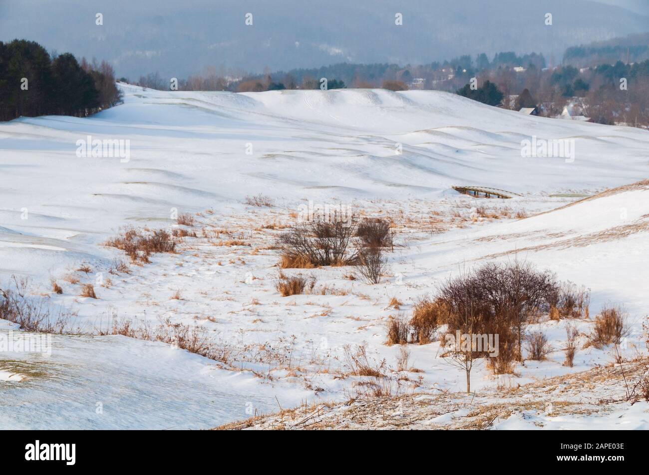 Karge schneebedeckte Landschaft in Waterbury Vermont USA Stockfoto