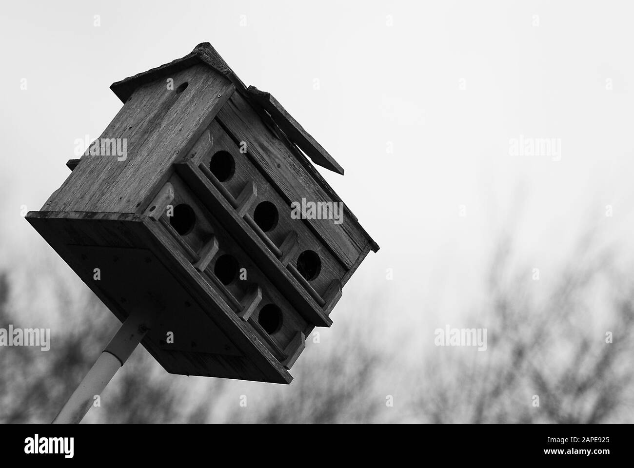 Nahaufnahme eines kleinen Holzhauses für Vögel In eine Richtung geneigt Stockfoto