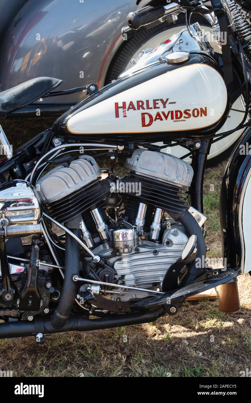 1947 Harley Davidson Flathead Motorrad an einen Vintage Retro Festival. UK. Stockfoto