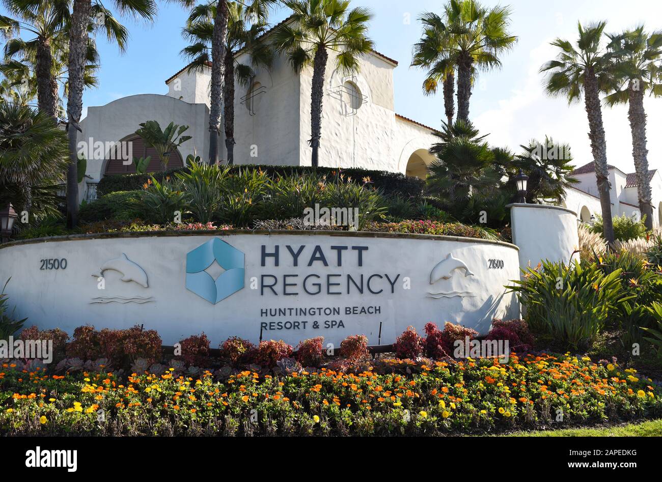 HUNTINGTON BEACH, KALIFORNIEN - 22. JANUAR 2020: Schild im Hyatt Regency Resort and Spa am Pacific Coast Highway. Stockfoto