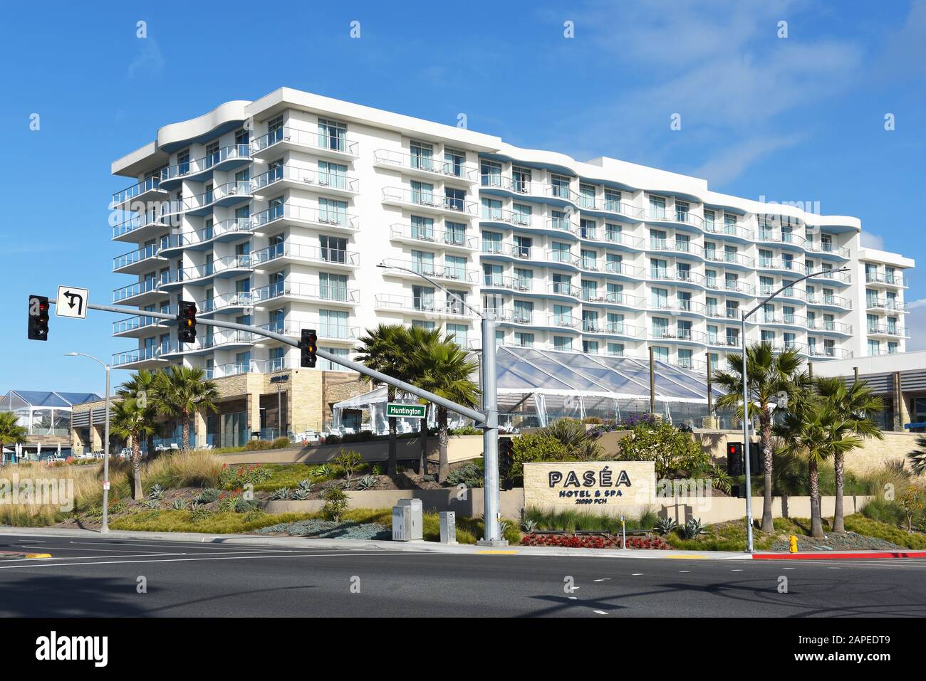 HUNTINGTON BEACH, KALIFORNIEN - 22. JANUAR 2020: Das Pasea Hotel and Spa ist Teil der Mereitage Collection of Luxury Accommodations. Stockfoto